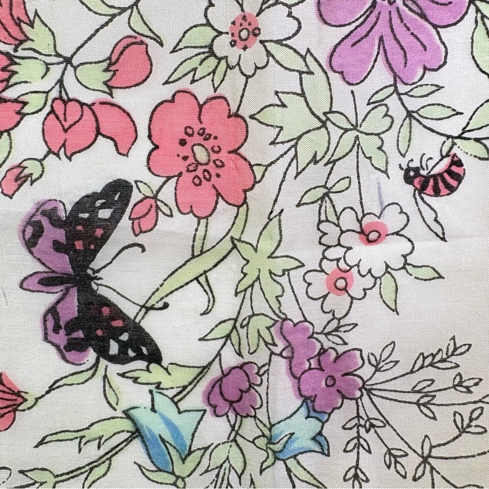 Vintage 60s square silk scarf garden floral butterflies painted hand rolled edge - Picture 2 of 16